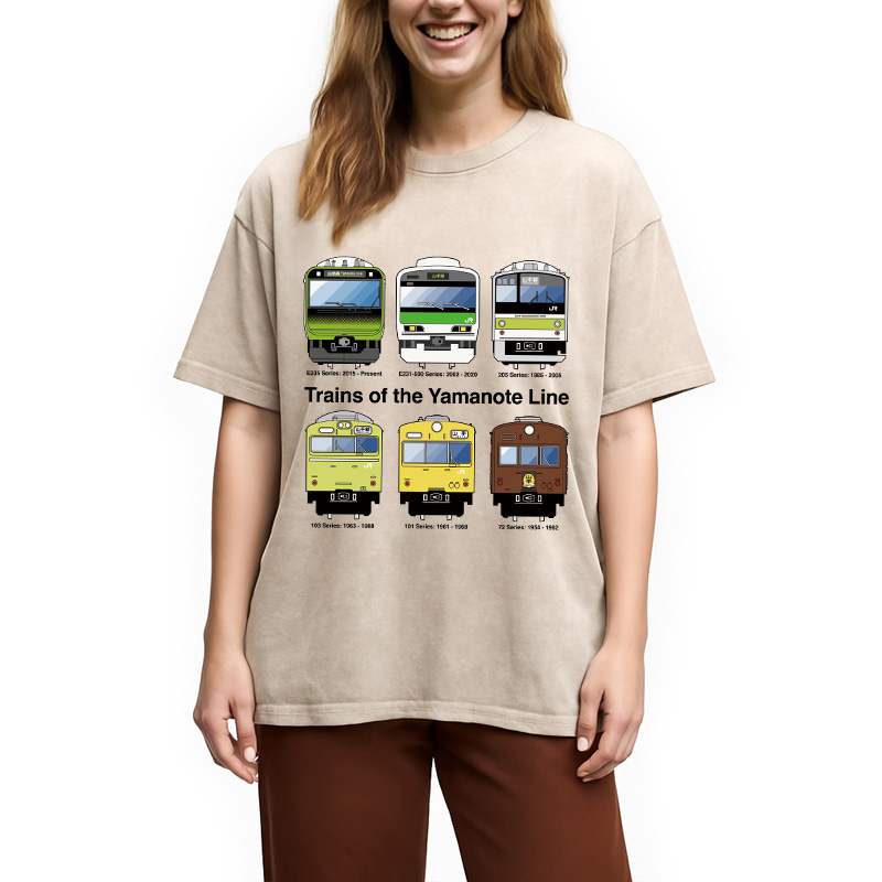 Modecanvas Trains of the Yamanote Line DTG Printing Washed T-Shirt