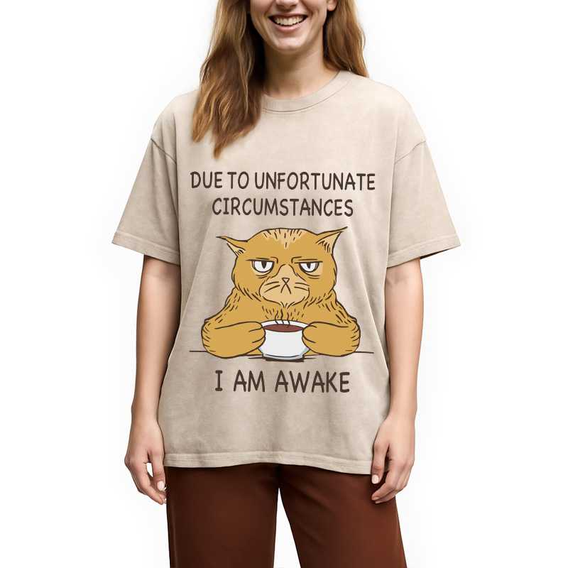 Modecanvas I Am Awake Cat Meme DTG Printing Washed T-Shirt