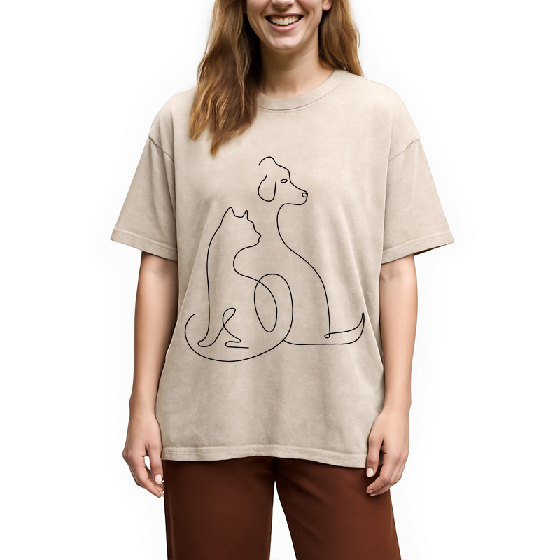 Modecanvas Minimalist Cat and Dog DTG Printing Washed T-Shirt