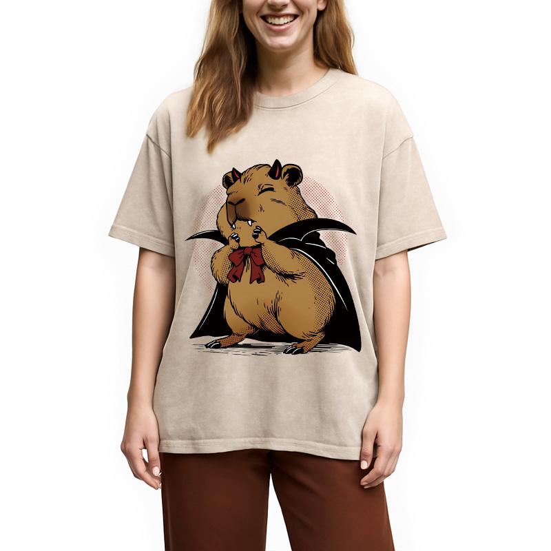 Modecanvas Vampire Capybara DTG Printing Washed T-Shirt