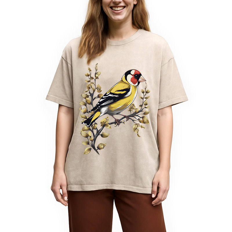 Modecanvas Goldfinch Bird DTG Printing Washed T-Shirt