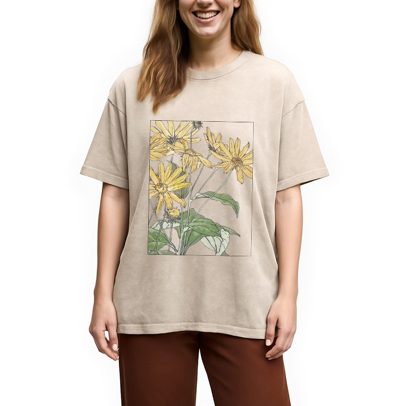 Modecanvas Sunflowers Floral Art DTG Printing Washed T-Shirt