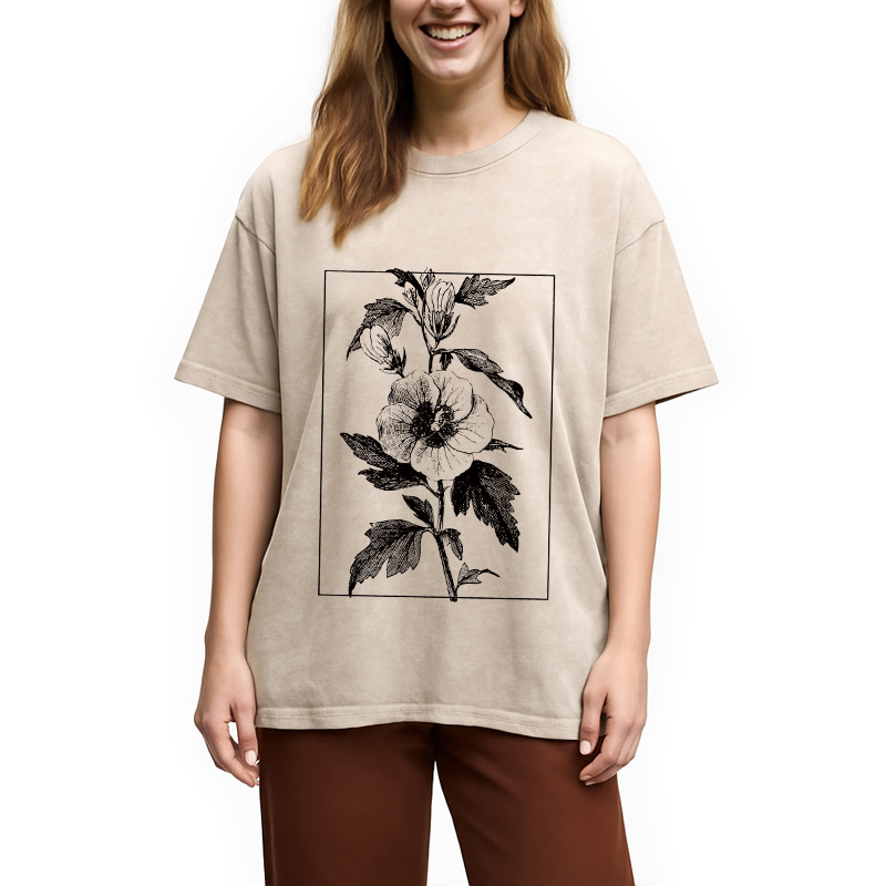 Modecanvas Vintage Botanical Flower DTG Printing Washed T-Shirt