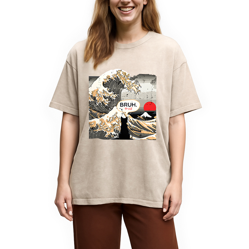Modecanvas Bruh Cat Great Wave DTG Printing Washed T-Shirt