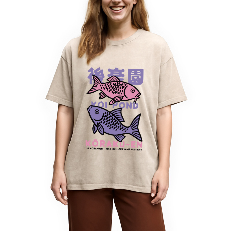 Modecanvas Koi Fish Pond Japanese Washed T-Shirt