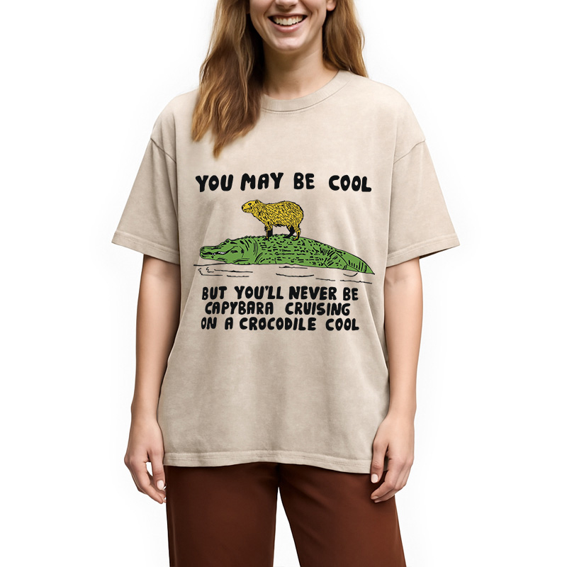 Modecanvas Funny Capybara Riding Crocodile DTG Printing Washed T-Shirt