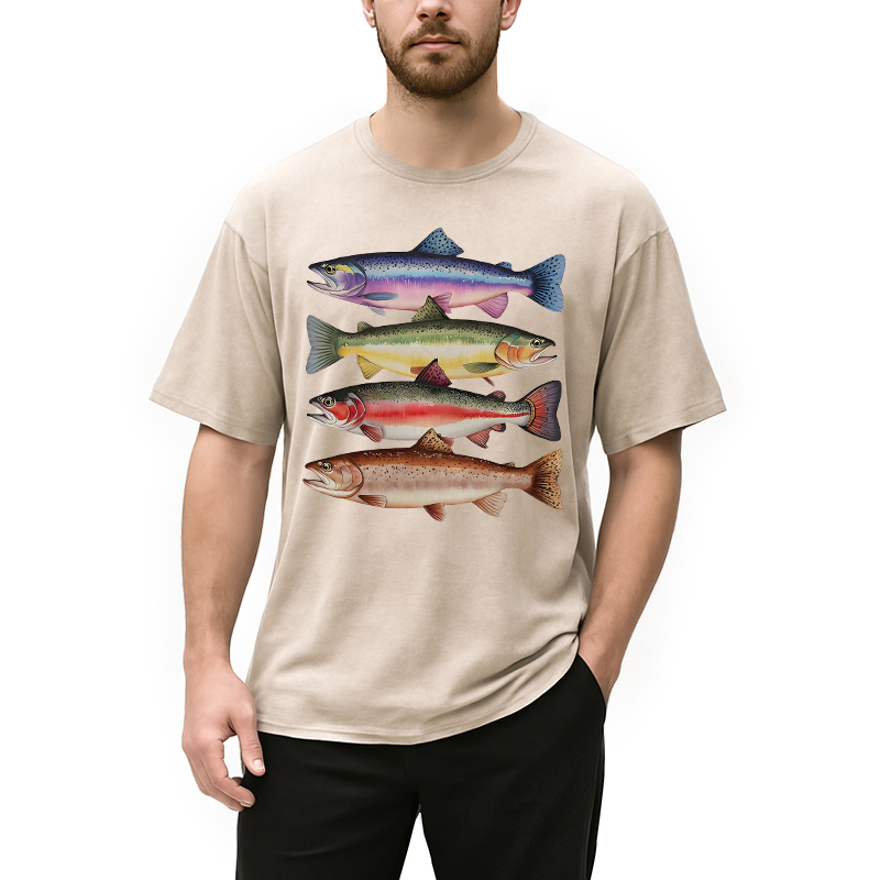 Modecanvas Colorful Rainbow Trout Fish DTG Printing Washed T-Shirt