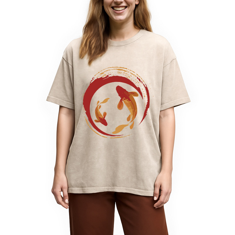 Modecanvas Koi Fish Enso Circle DTG Printing Washed T-Shirt