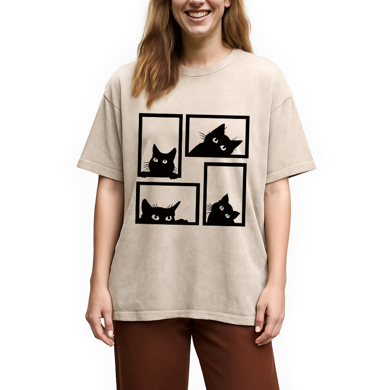 Modecanvas Cats In The Grid DTG Printing Washed T-Shirt