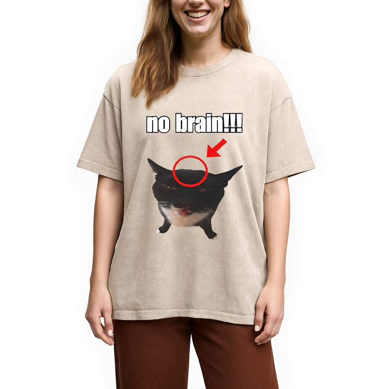 Modecanvas No Brain Cat DTG Printing Washed T-Shirt