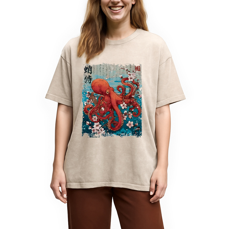 Modecanvas The Eight-Armed Samurai DTG Printing Washed T-Shirt-modecanvas