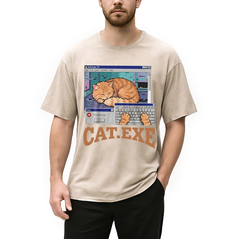 Modecanvas Cat Exe DTG Printing Washed T-Shirt-modecanvas