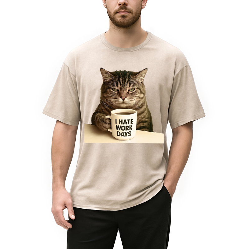 Modecanvas Grumpy Cat Coffee DTG Printing Washed T-Shirt-modecanvas