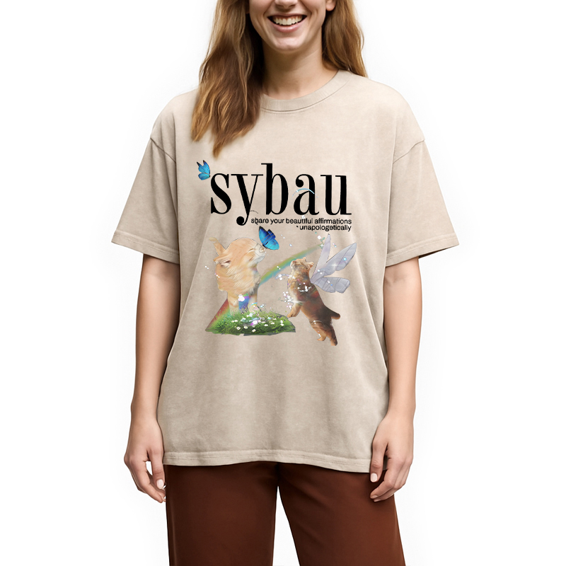 Modecanvas Cat Fairy SYBAU DTG Printing Washed T-Shirt-modecanvas