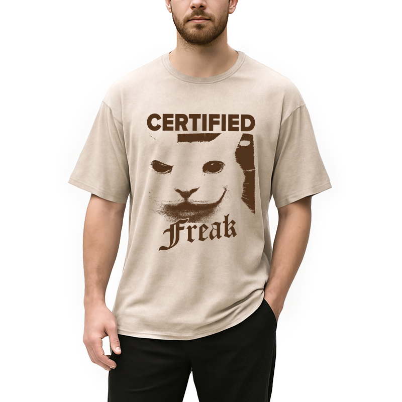 Modecanvas Certified Freak Cat Meme DTG Printing Washed T-Shirt-modecanvas