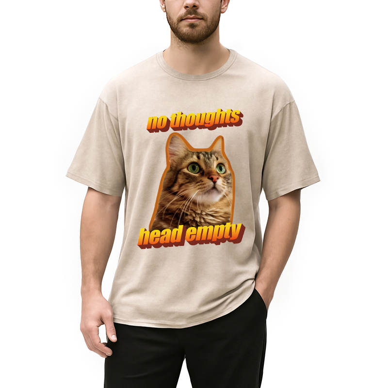 Modecanvas No Thoughts Head Empty Cat Meme DTG Printing Washed T-Shirt-modecanvas