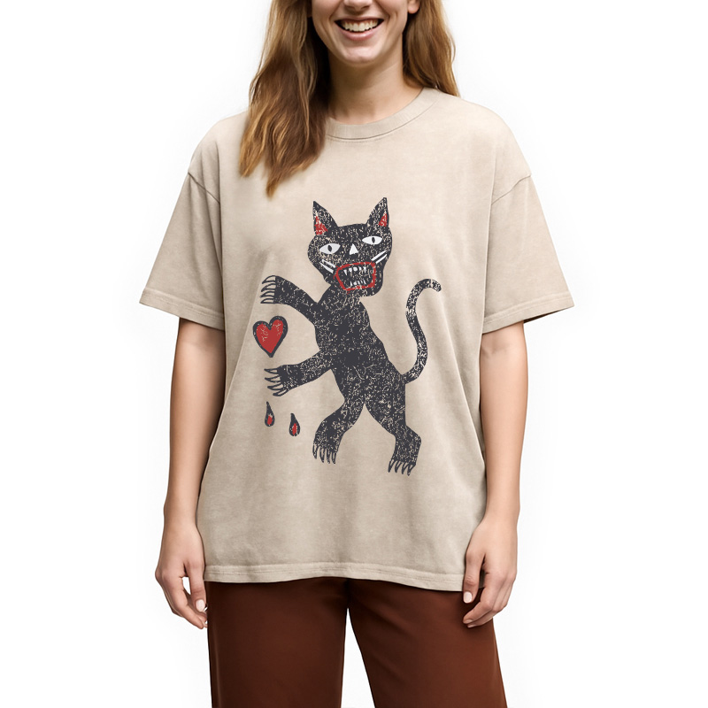 Modecanvas Black Cat Art DTG Printing Washed T-Shirt-modecanvas
