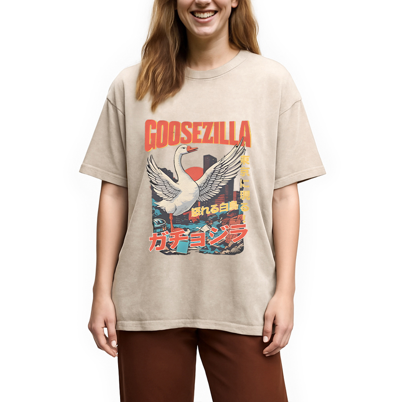 Modecanvas Goosezilla Funny Goose DTG Printing Washed T-Shirt-modecanvas