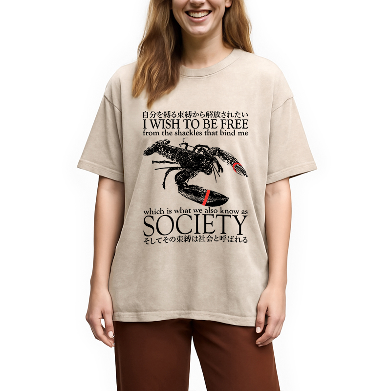 Modecanvas I Wish To Be Free Lobster DTG Printing Washed T-Shirt-modecanvas