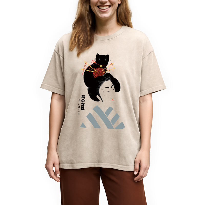 Modecanvas Geisha And Cat Washed T-Shirt