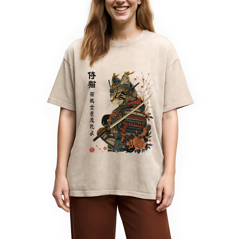 Modecanvas Samurai Cat Japanese Art DTG Printing Washed T-Shirt-modecanvas