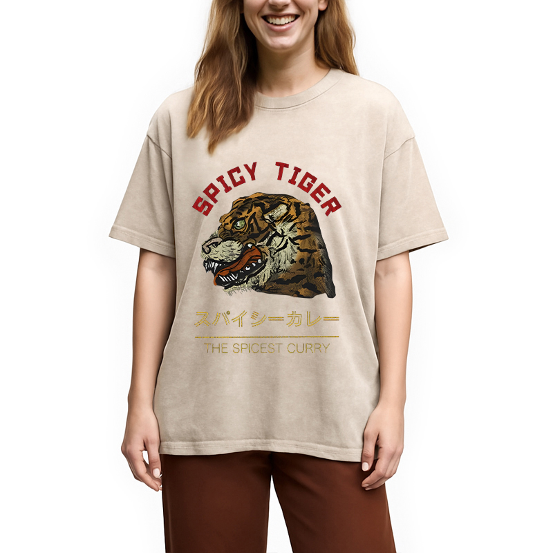 Modecanvas Japanese Spicy Tiger DTG Printing Washed T-Shirt-modecanvas