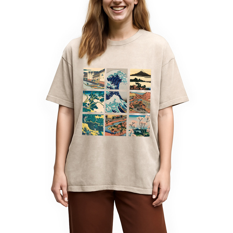 Modecanvas Thirty Six Views Of Mount Fuji DTG Printing Washed T-Shirt-modecanvas
