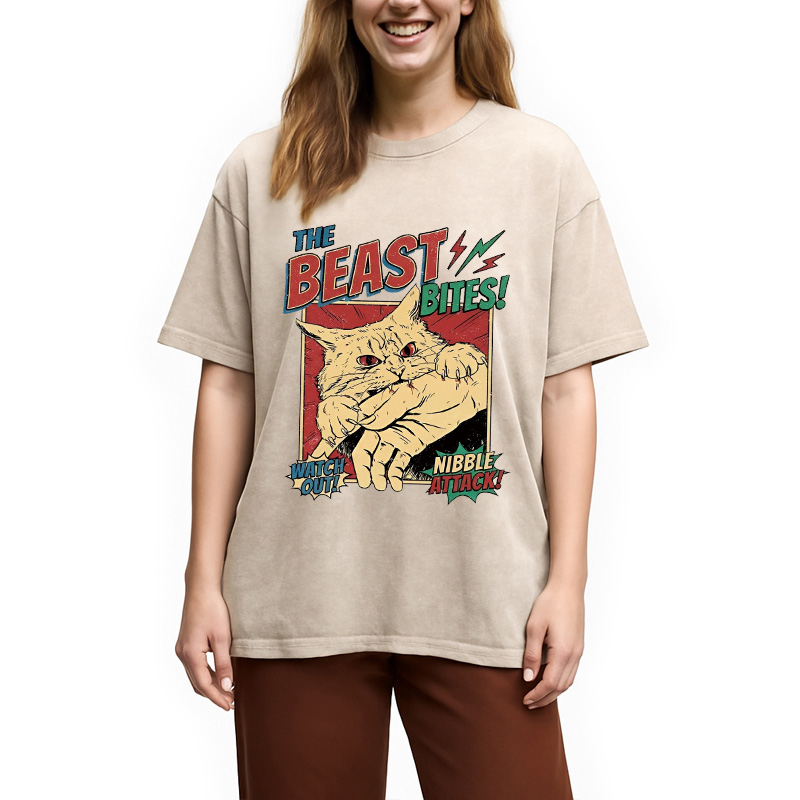 Modecanvas Vintage Horror Cat Bite DTG Printing Washed T-Shirt-modecanvas
