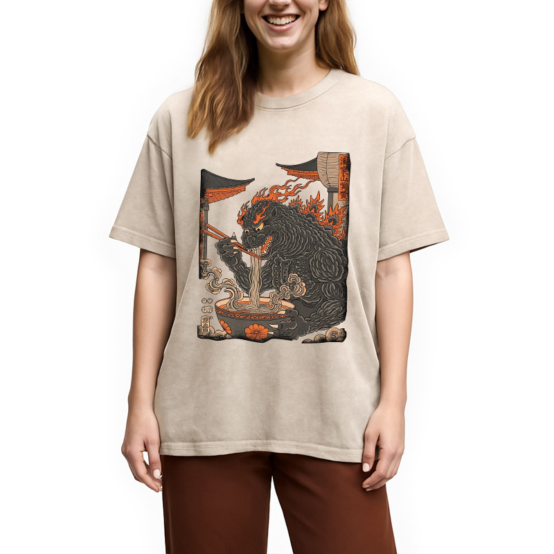 Modecanvas Vintage Monster Ramen DTG Printing Washed T-Shirt-modecanvas