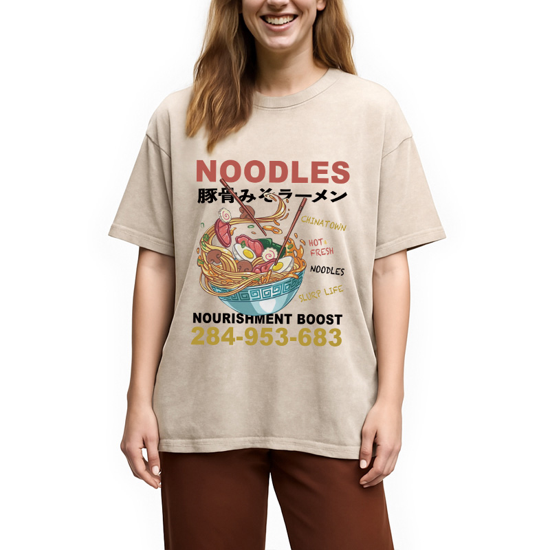 Modecanvas Cute Ramen Noodle DTG Printing Washed T-Shirt-modecanvas