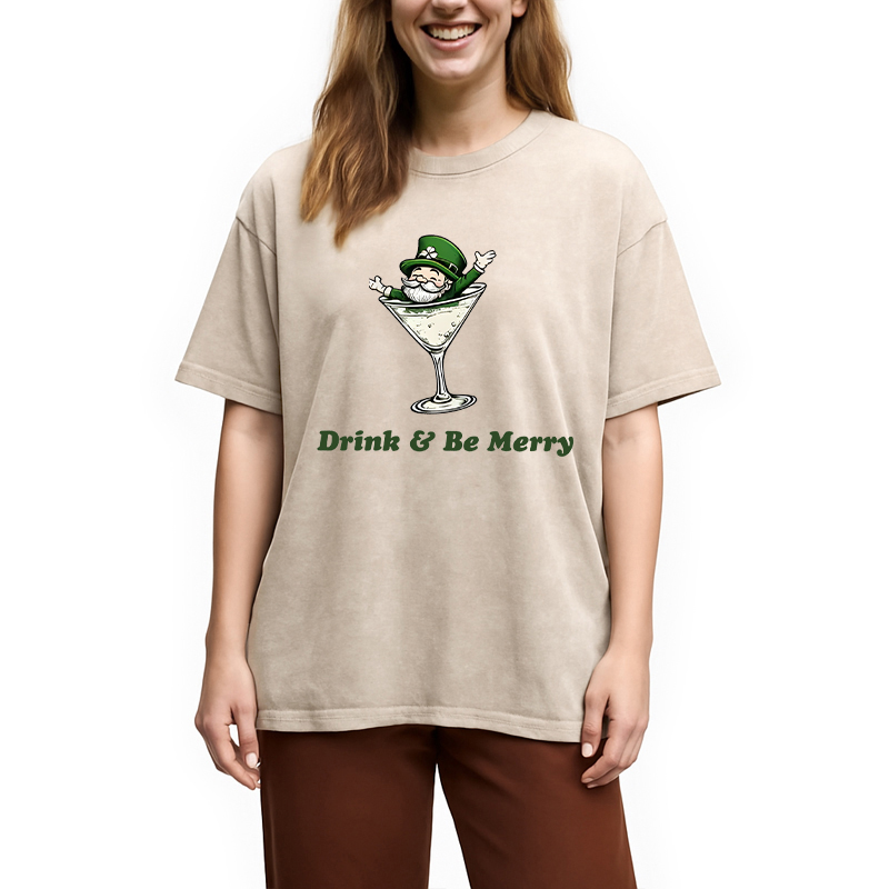 Modecanvas Leprechaun Martini Cocktail Vintage DTG Printing Washed T-Shirt-modecanvas