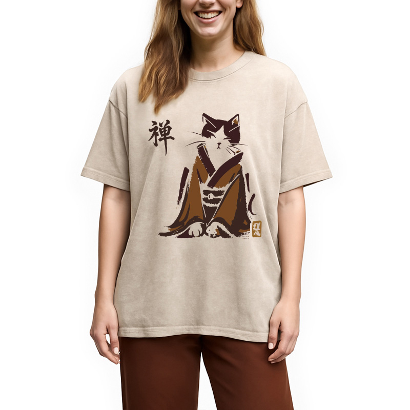Modecanvas Zen Cat Kimono DTG Printing Washed T-Shirt-modecanvas