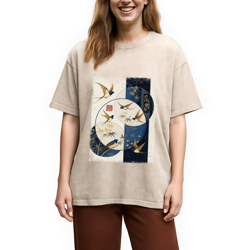 Modecanvas Swallows Among The Bamboo Washed T-Shirt