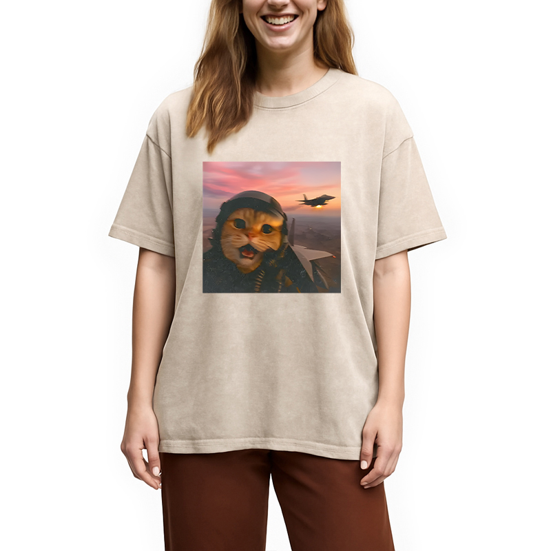 Modecanvas Funny Fighter Pilot Cat DTG Printing Washed T-Shirt