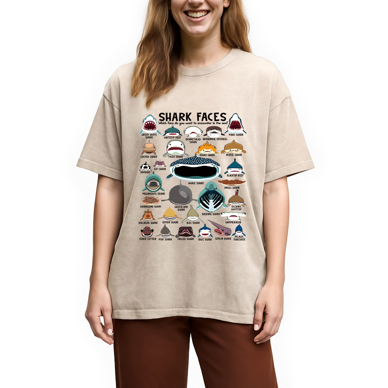Modecanvas Shark Faces Marine Sea Life DTG Printing Washed T-Shirt