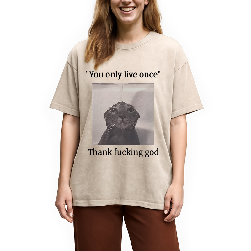 Modecanvas Funny Depressed Meme Cat DTG Printing Washed T-Shirt