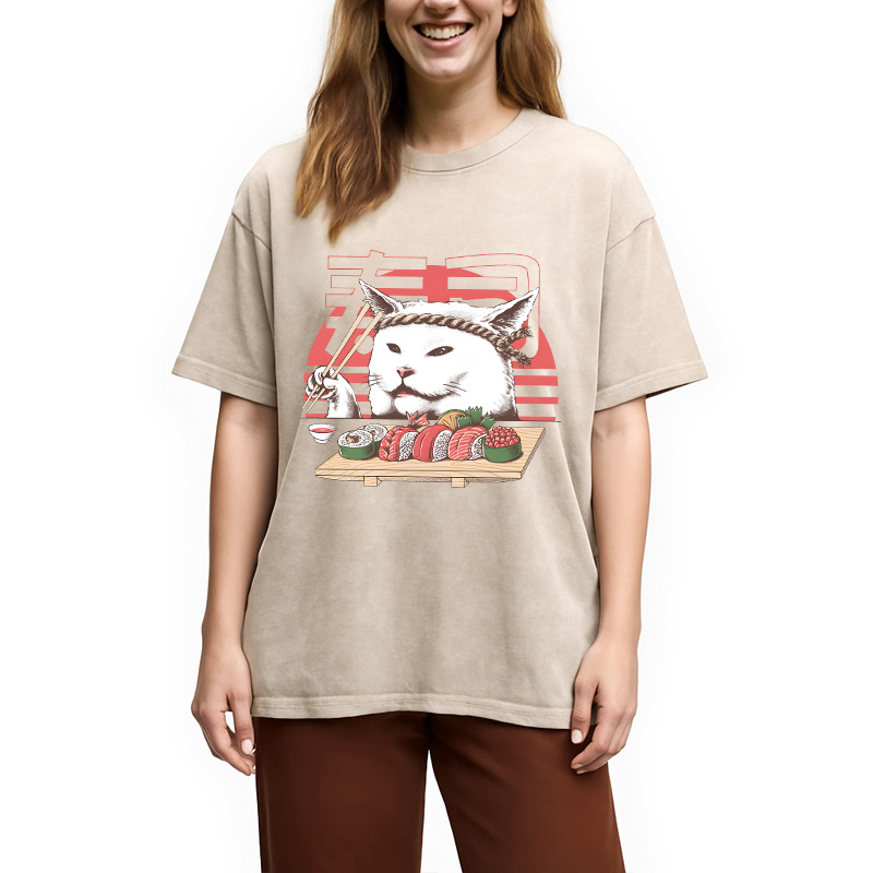 Modecanvas Smudge Happy Cat DTG Printing Washed T-Shirt