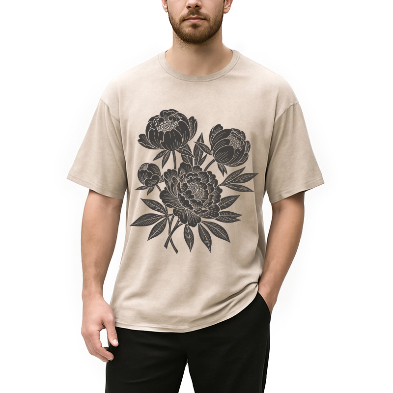 Modecanvas Linocut Floral DTG Printing Washed T-Shirt