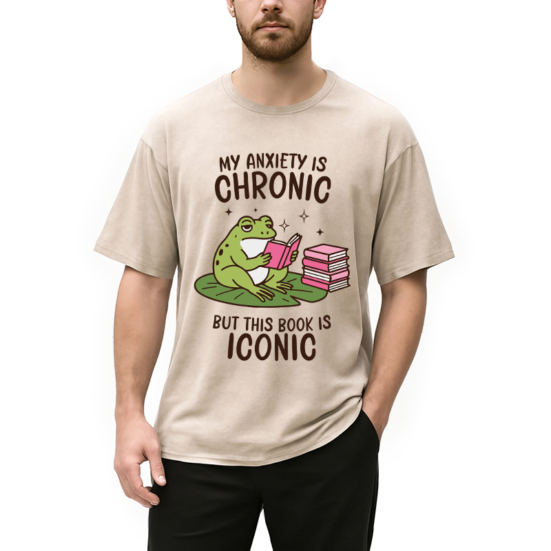 Modecanvas Funny Frog Reading DTG Printing Washed T-Shirt