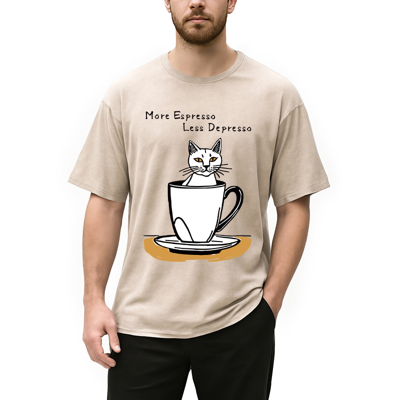Modecanvas More Espresso Coffee Cat DTG Printing Washed T-Shirt