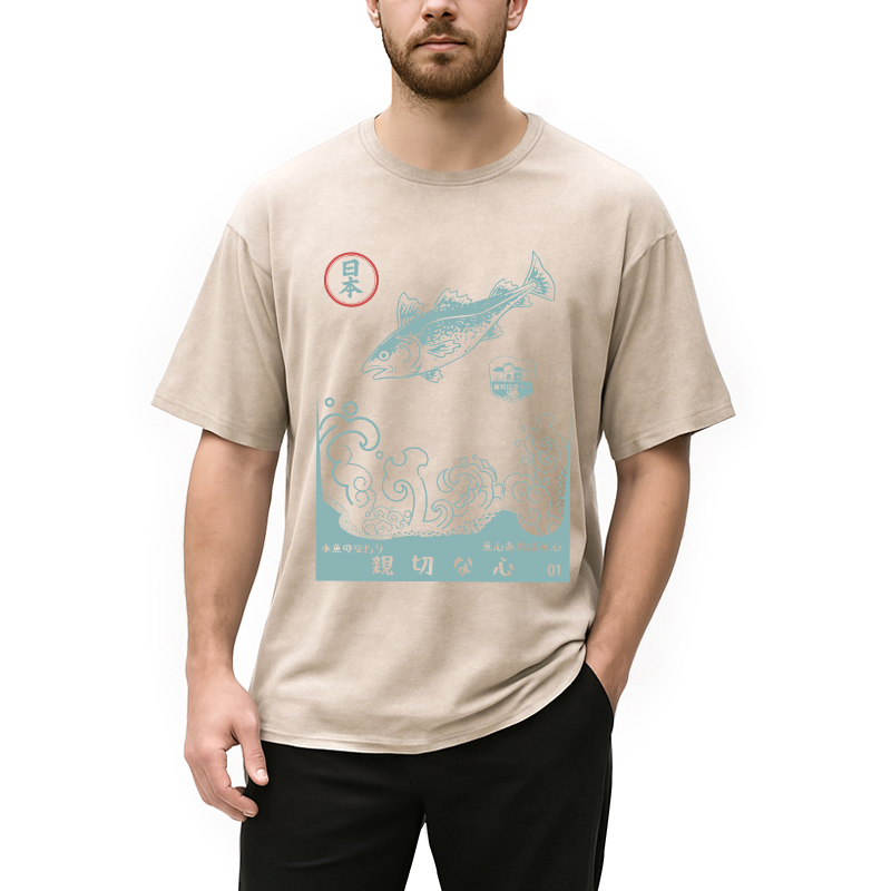 Modecanvas Japanese Fish Vintage Ukiyo-e Wave DTG Printing Washed T-Shirt