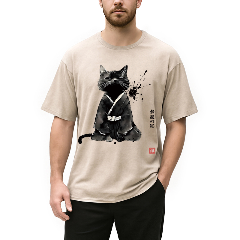 Modecanvas Zen Cat Japanese DTG Printing Washed T-Shirt