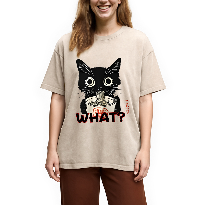 Modecanvas Kawaii Noodle Cat DTG Printing Washed T-Shirt