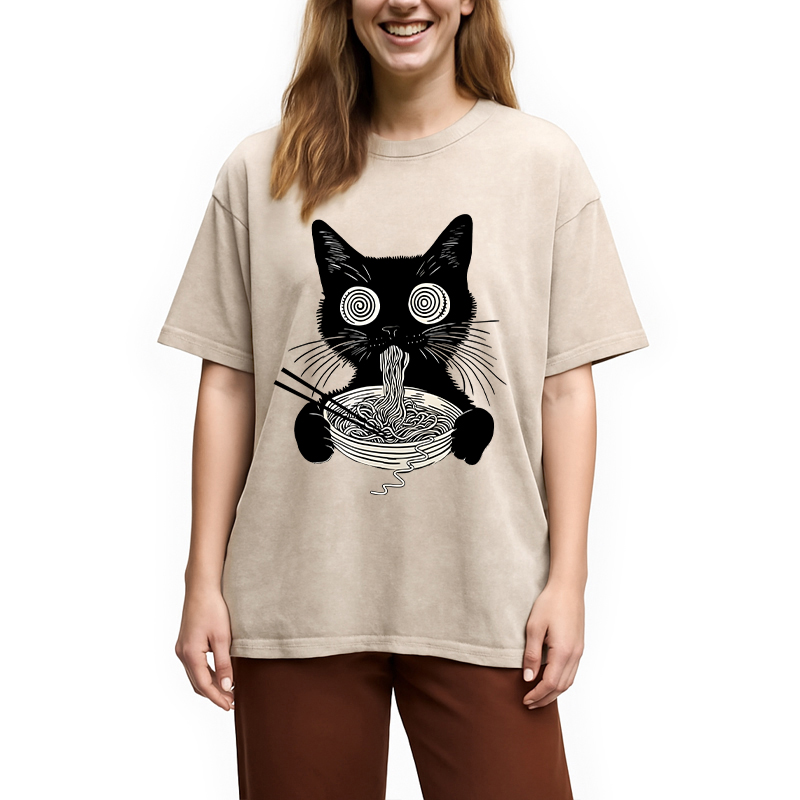 Modecanvas Psychedelic Ramen Cat DTG Printing Washed T-Shirt