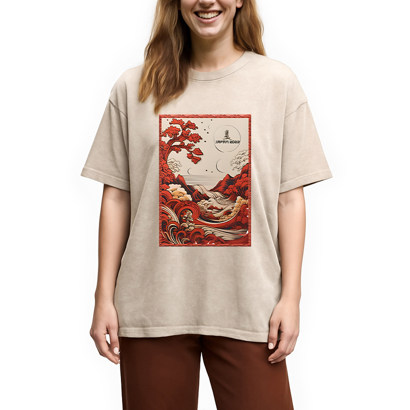 Modecanvas Japanese River View DTG Printing Washed T-Shirt