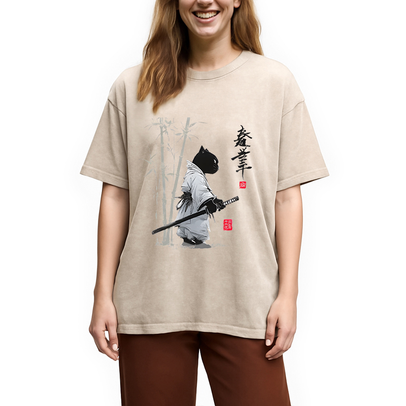 Modecanvas Samurai Cat Japanese Kanji DTG Printing Washed T-Shirt