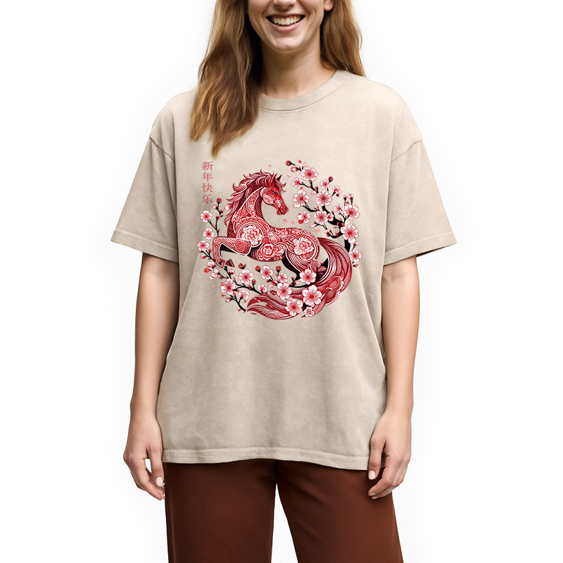 Modecanvas Chinese Horse New Year DTG Printing Washed T-Shirt