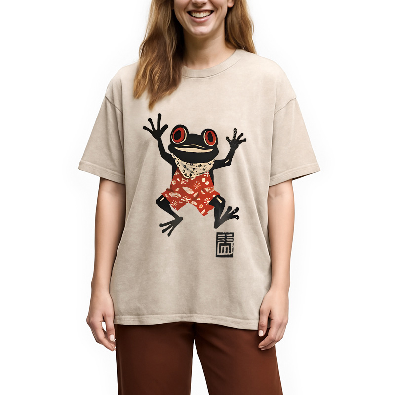 Modecanvas Japanese Happy Frog Ukiyoe DTG Printing Washed T-Shirt