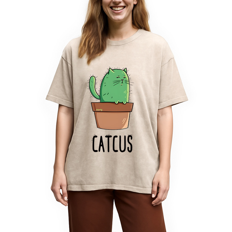Modecanvas Cute Catcus DTG Printing Washed T-Shirt