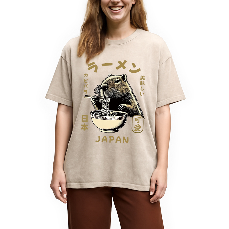 Modecanvas Retro Capybara Eating Ramen Japanese Washed T-Shirt